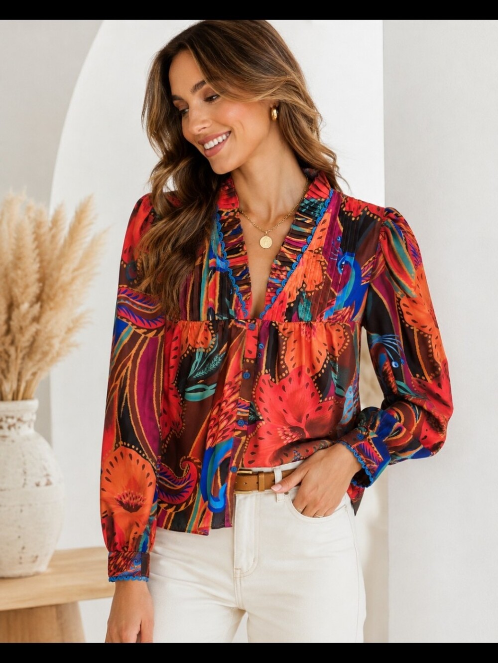 Alden Adair Colorful Floral Paisley Peacock Pleated Blouse Size Medium